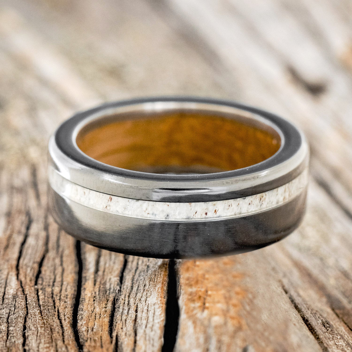 "VERTIGO" - ANTLER WEDDING RING WITH A WHISKEY BARREL LINING - READY TO SHIP-5