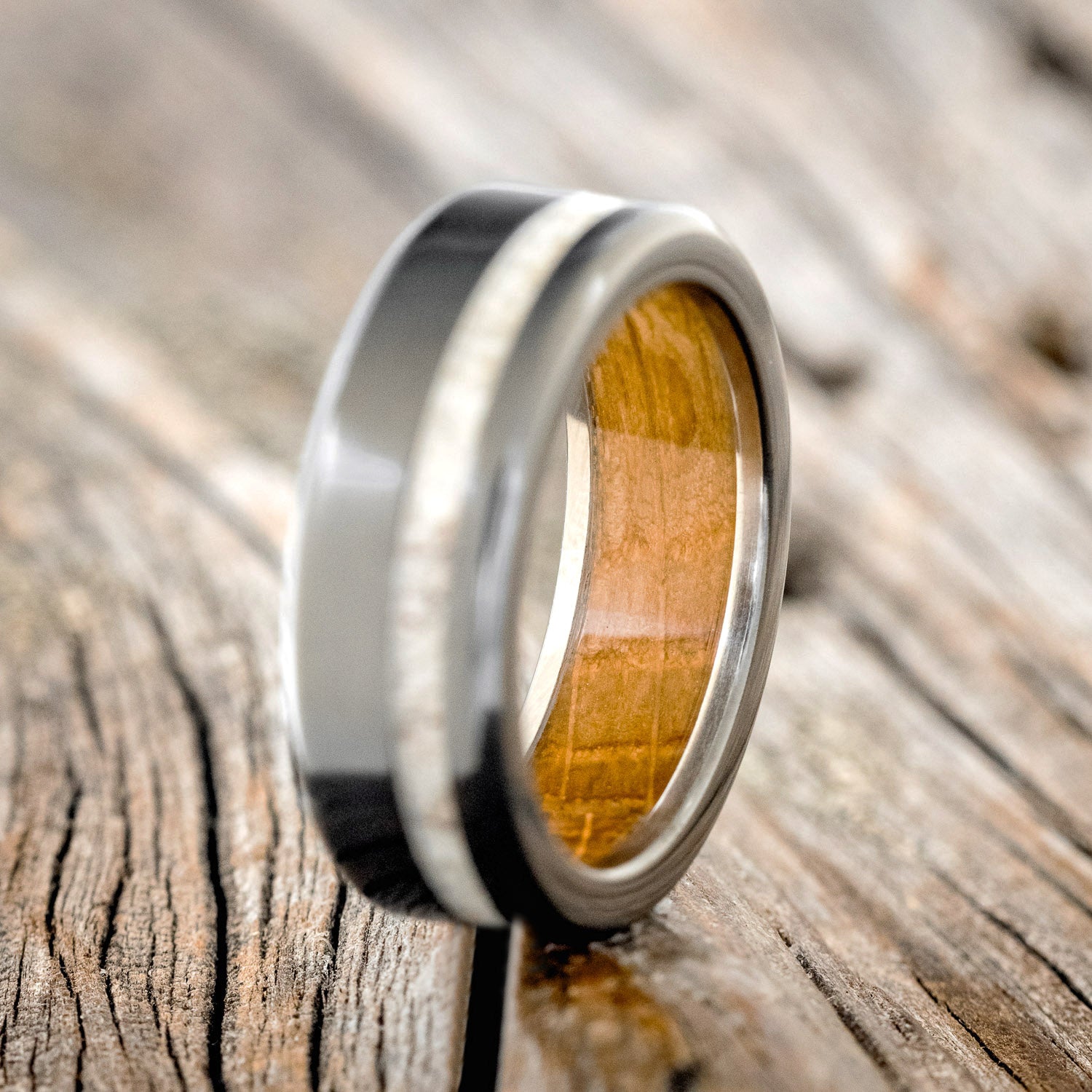 "VERTIGO" - ANTLER WEDDING RING WITH A WHISKEY BARREL LINING - READY TO SHIP-2