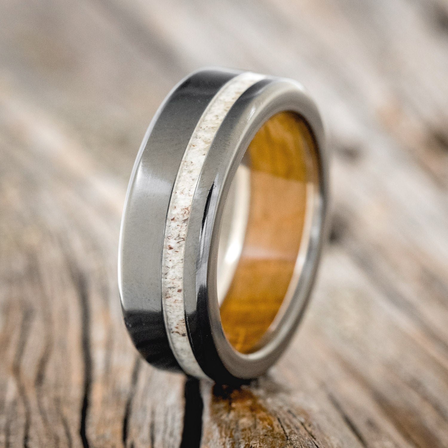 "VERTIGO" - ANTLER WEDDING BAND FEATURING A WHISKEY BARREL OAK LINING-13