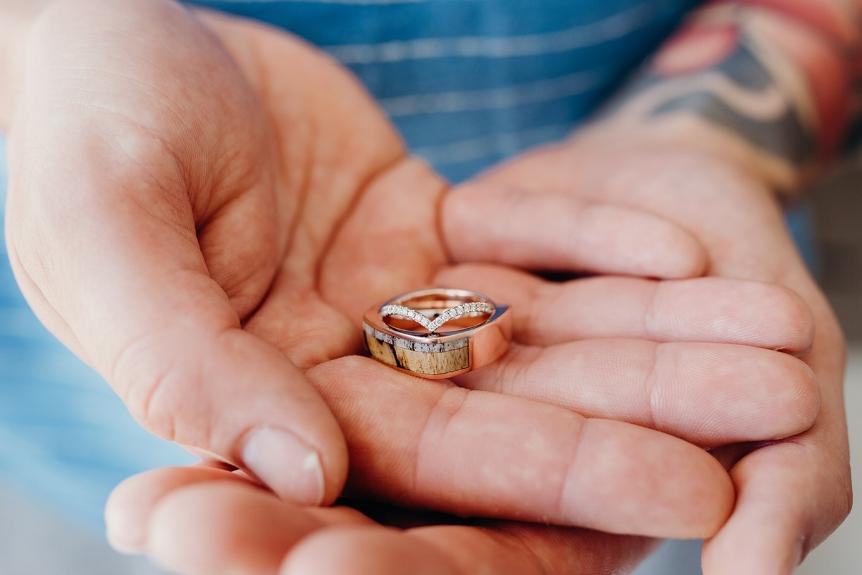 "MESA" - SPALTED MAPLE, ELK ANTLER & OFFSET DIAMONDS 14K GOLD WEDDING BAND-10