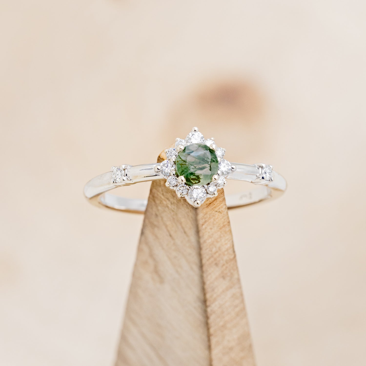 "STARLA" - ROUND CUT MOSS AGATE ENGAGEMENT RING WITH A STARBURST DIAMOND HALO-13