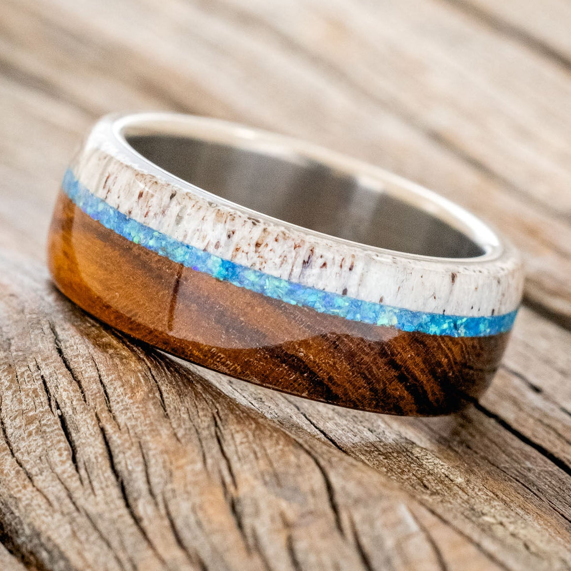 "ARGOS" - BLUE OPAL, IRONWOOD & ANTLER WEDDING BAND-2