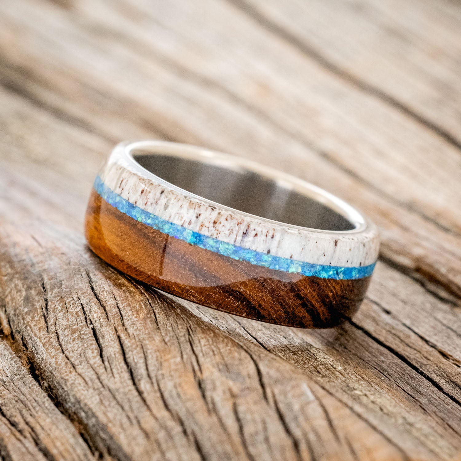 "ARGOS" - BLUE OPAL, IRONWOOD & ANTLER WEDDING BAND - READY TO SHIP-2
