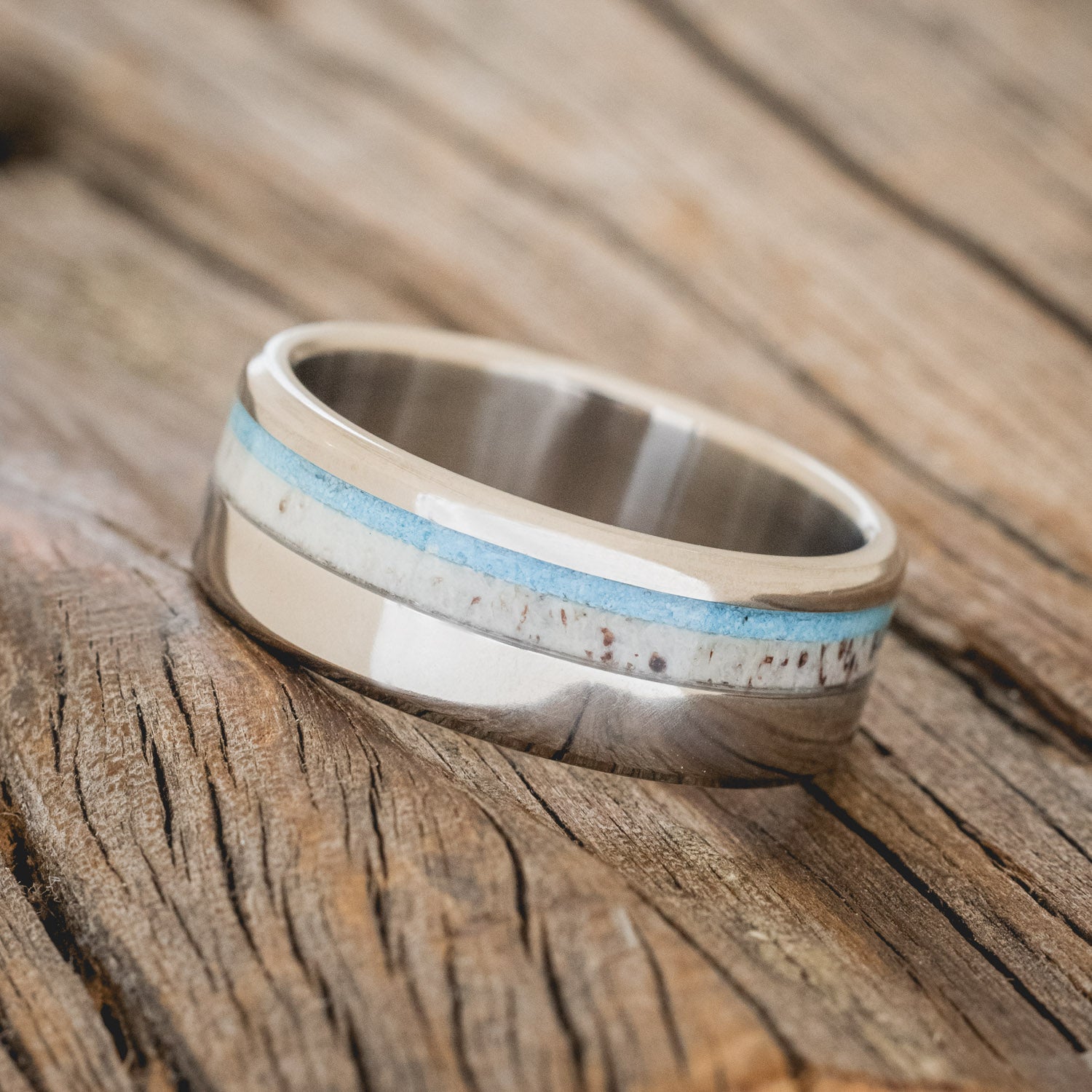 "CASTOR" - MATCHING SET OF ANTLER & TURQUOISE WEDDING BANDS-4