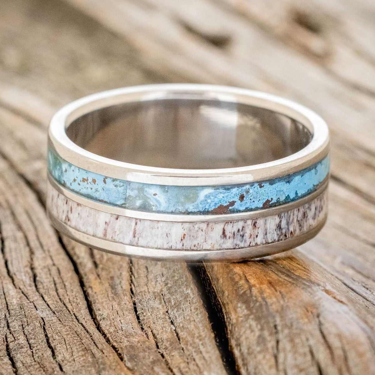 "DYAD" - PATINA COPPER & ANTLER WEDDING BAND-6