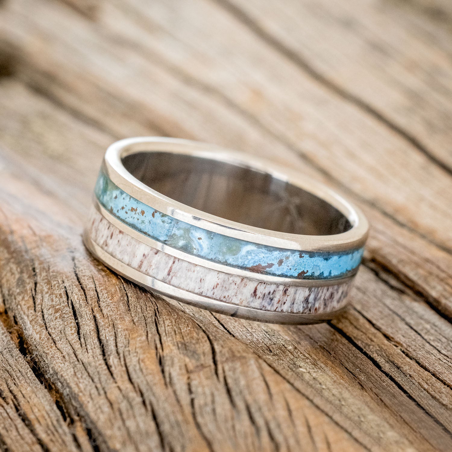 "DYAD" - PATINA COPPER & ANTLER WEDDING BAND-5
