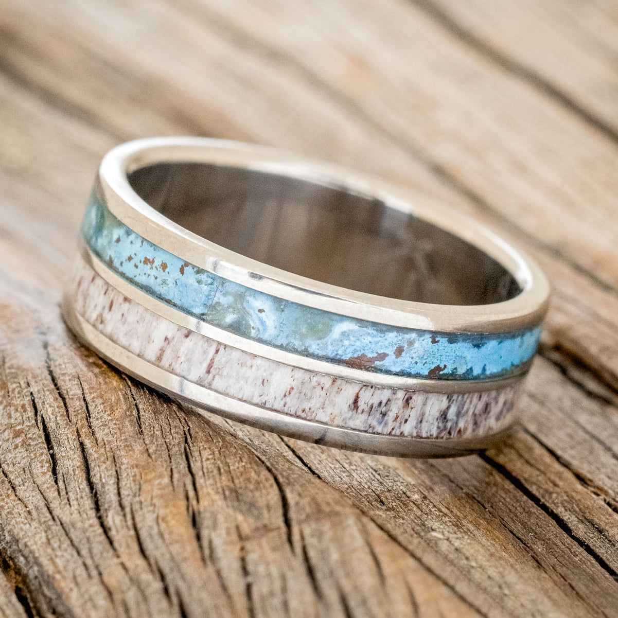 "DYAD" - PATINA COPPER & ANTLER WEDDING BAND-5
