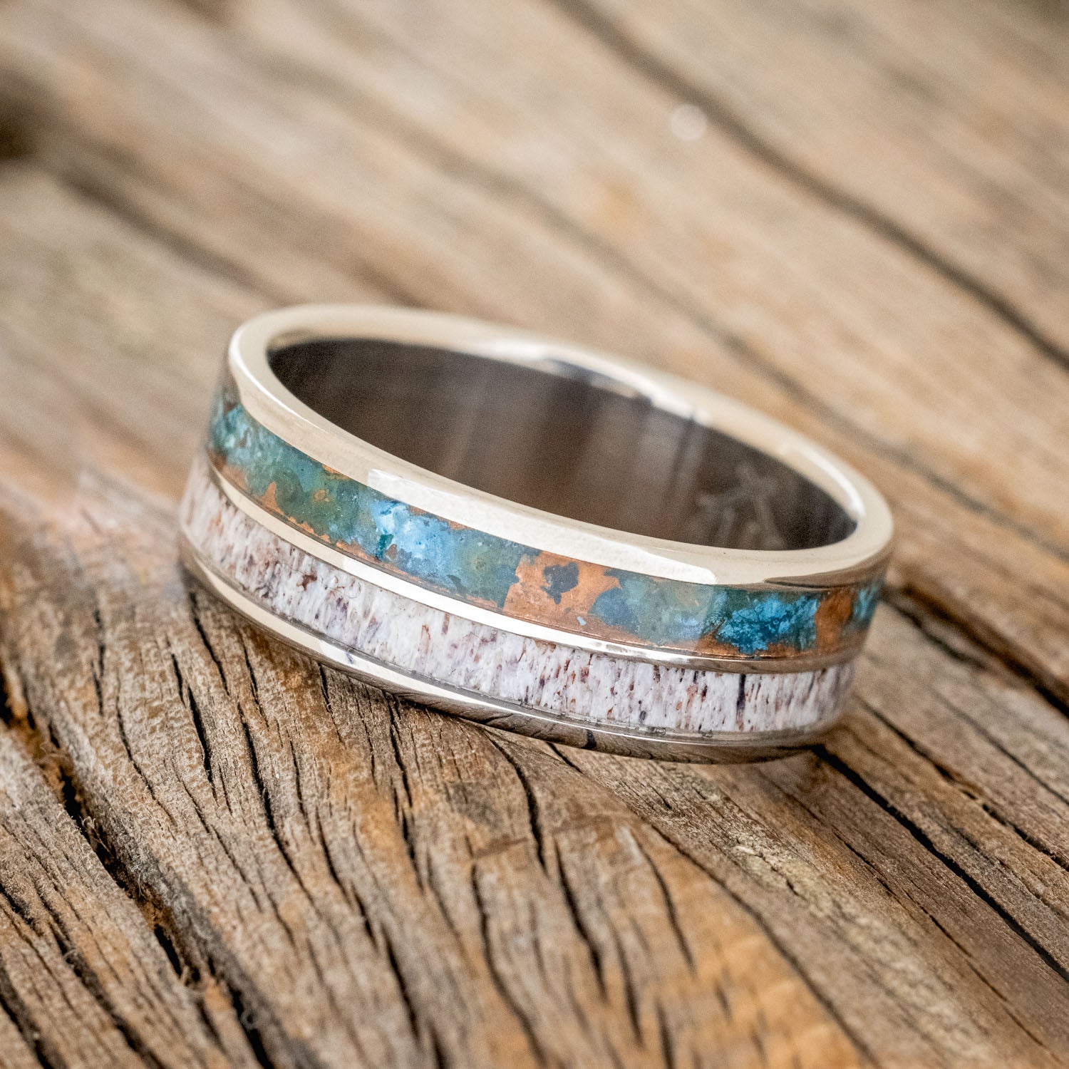 "DYAD" - PATINA COPPER & ANTLER WEDDING BAND-2