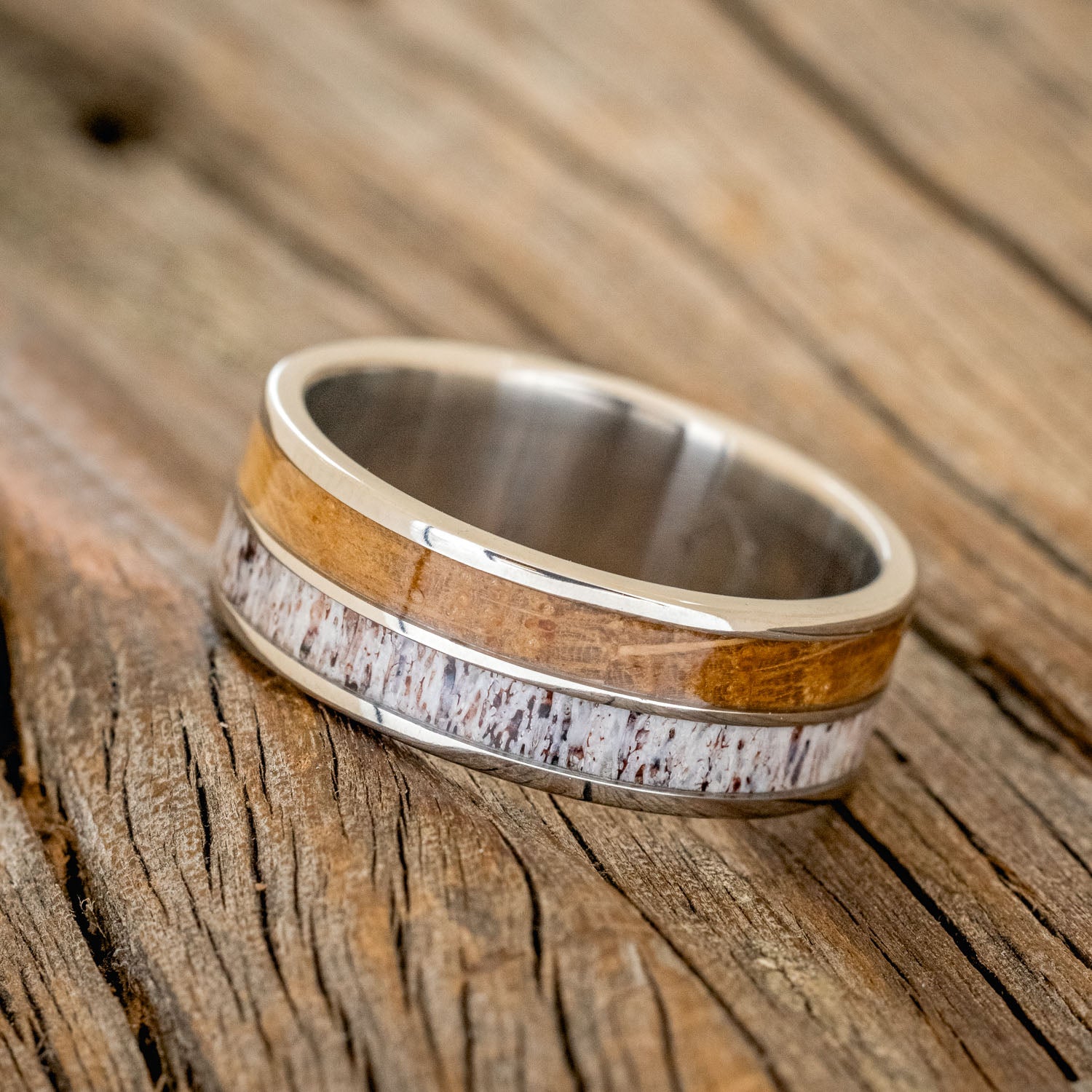 "DYAD" - WHISKEY BARREL OAK & ANTLER WEDDING BAND-2