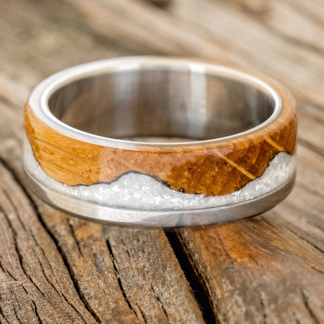 "EZRA" - WHISKEY BARREL OAK WITH DIAMOND DUST WEDDING RING-3