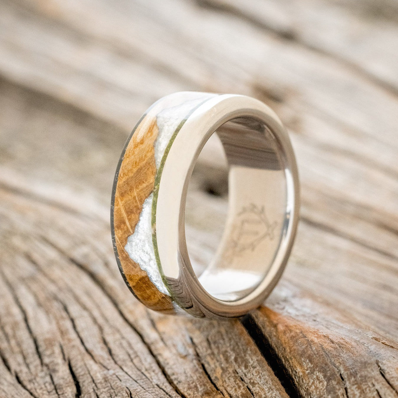 "EZRA" - WHISKEY BARREL OAK WITH DIAMOND DUST & MOSS INLAY WEDDING RING-2
