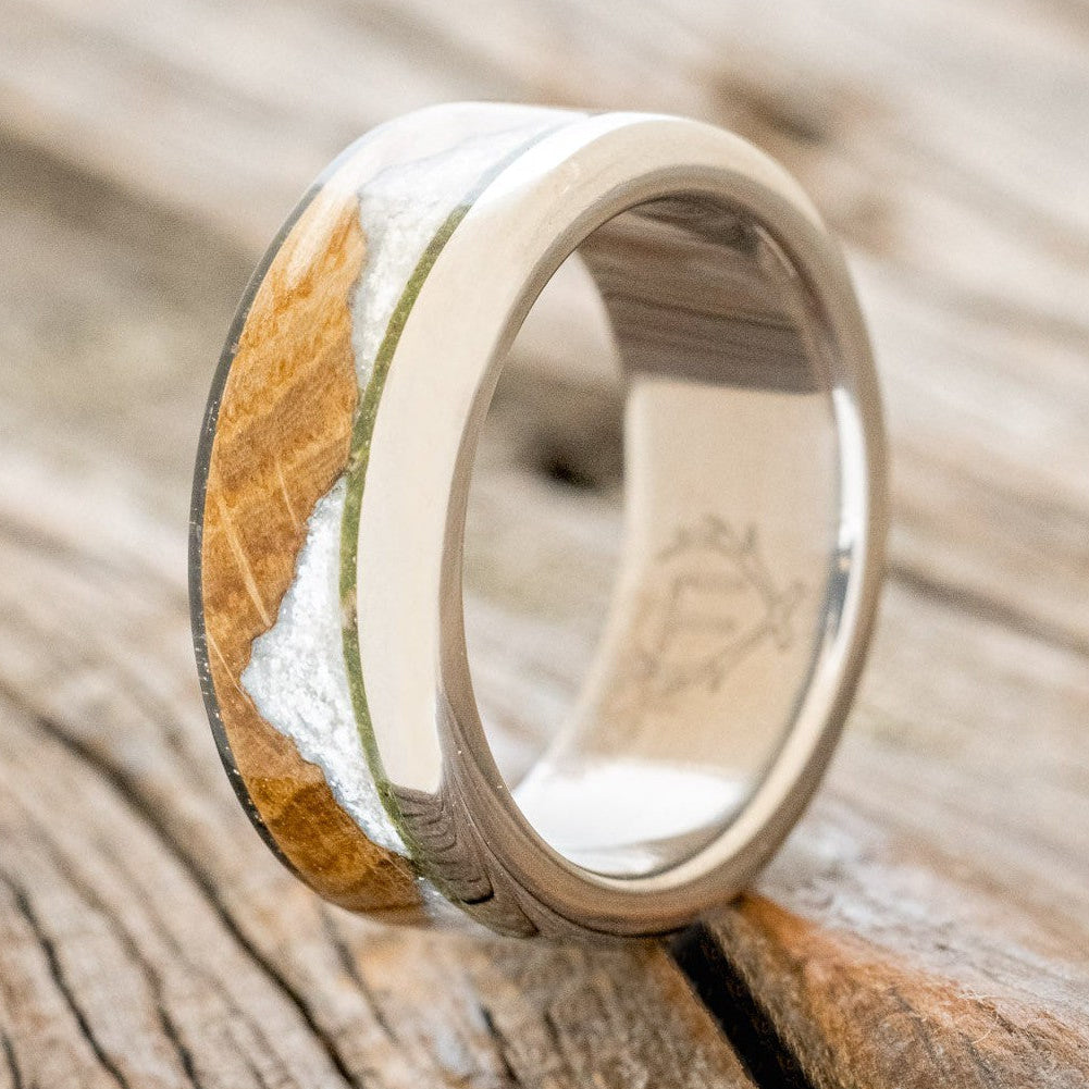 "EZRA" - WHISKEY BARREL OAK WITH DIAMOND DUST & MOSS INLAY WEDDING RING-2
