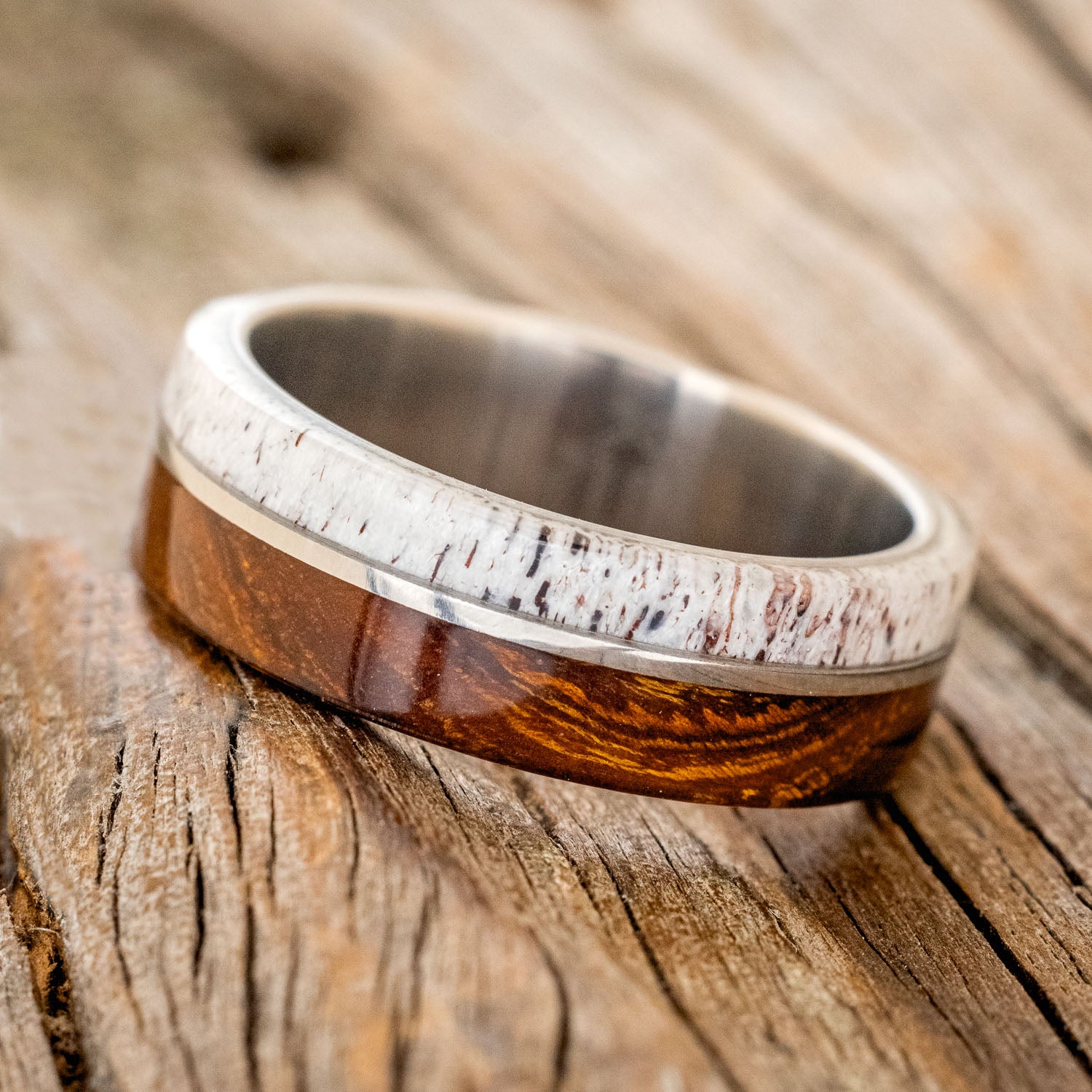 "GOLDEN" - IRONWOOD & ELK ANTLER WEDDING RING-2