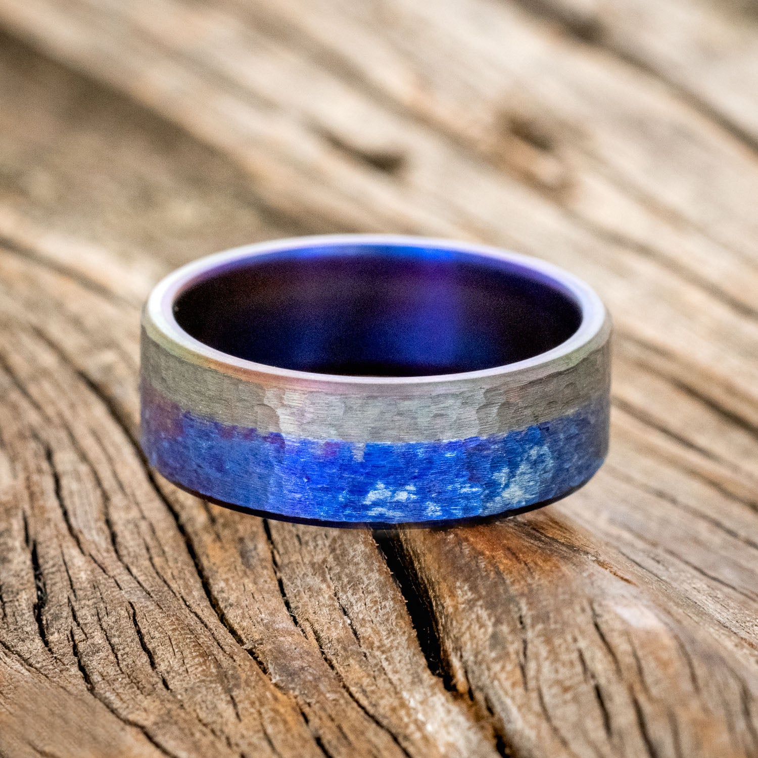 MATCHING SET OF FIRE-TREATED TITANIUM WEDDING RINGS WITH BLACK ZIRCONIUM OVERLAY & HAMMERED FINISH-4