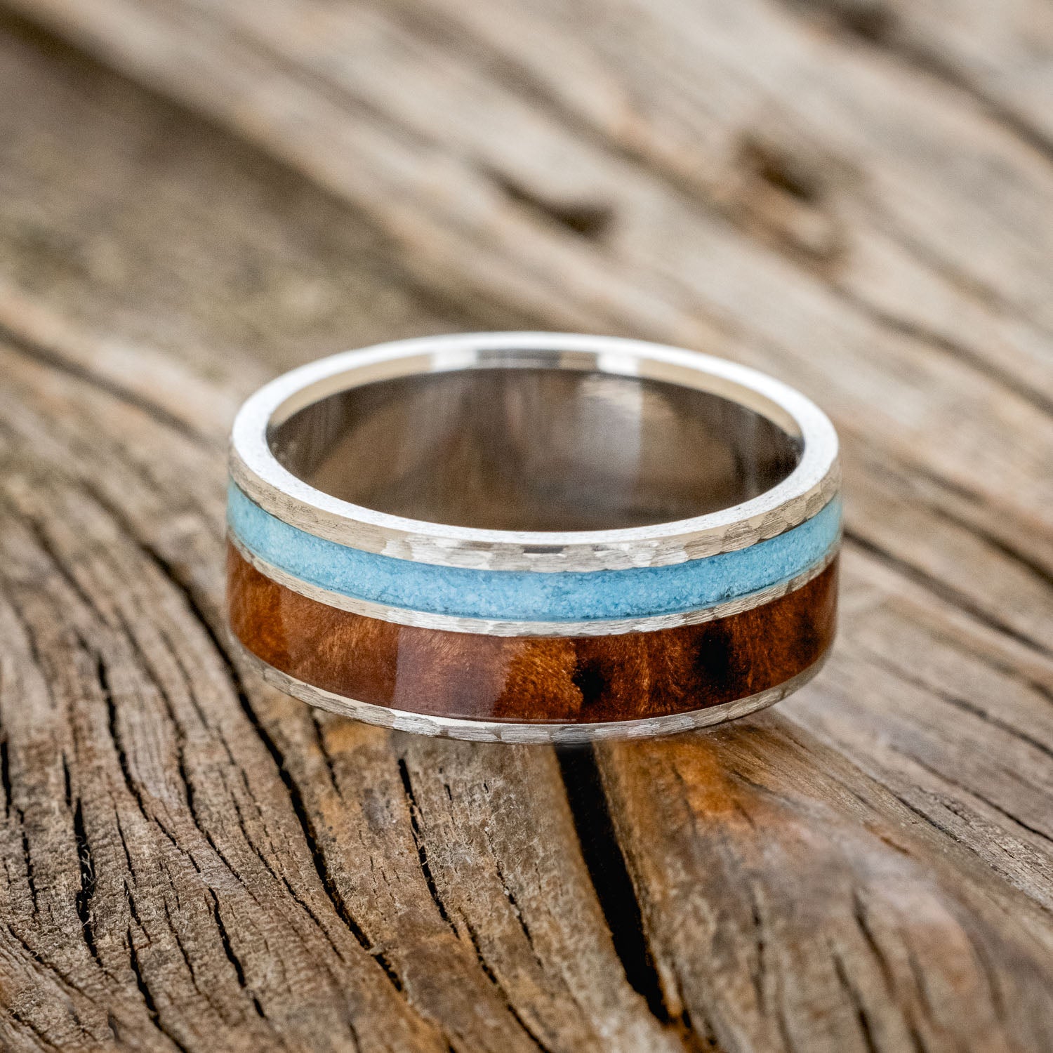 "RAPTOR" - REDWOOD & TURQUOISE WEDDING RING FEATURING A HAMMERED BAND-3