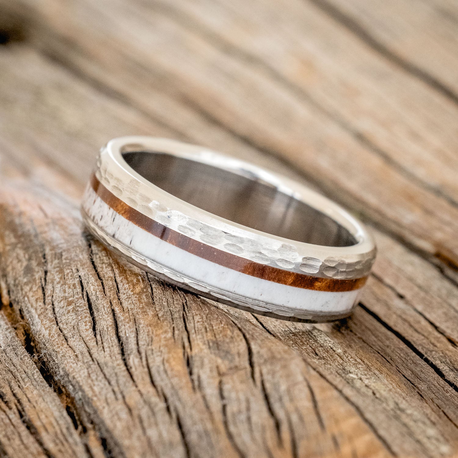 "TANNER" - REDWOOD & ANTLER WEDDING BAND WITH A HAMMERED FINISH-2