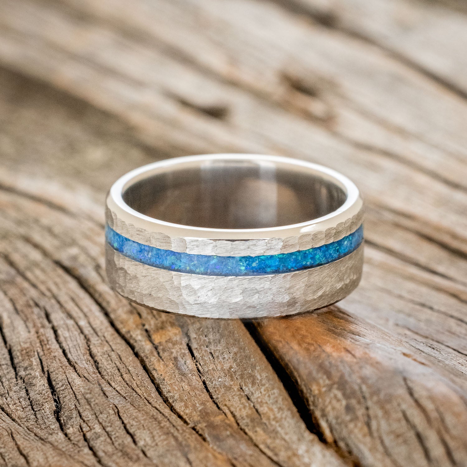 "VERTIGO" - BLUE OPAL WEDDING BAND WITH A HAMMERED FINISH-3