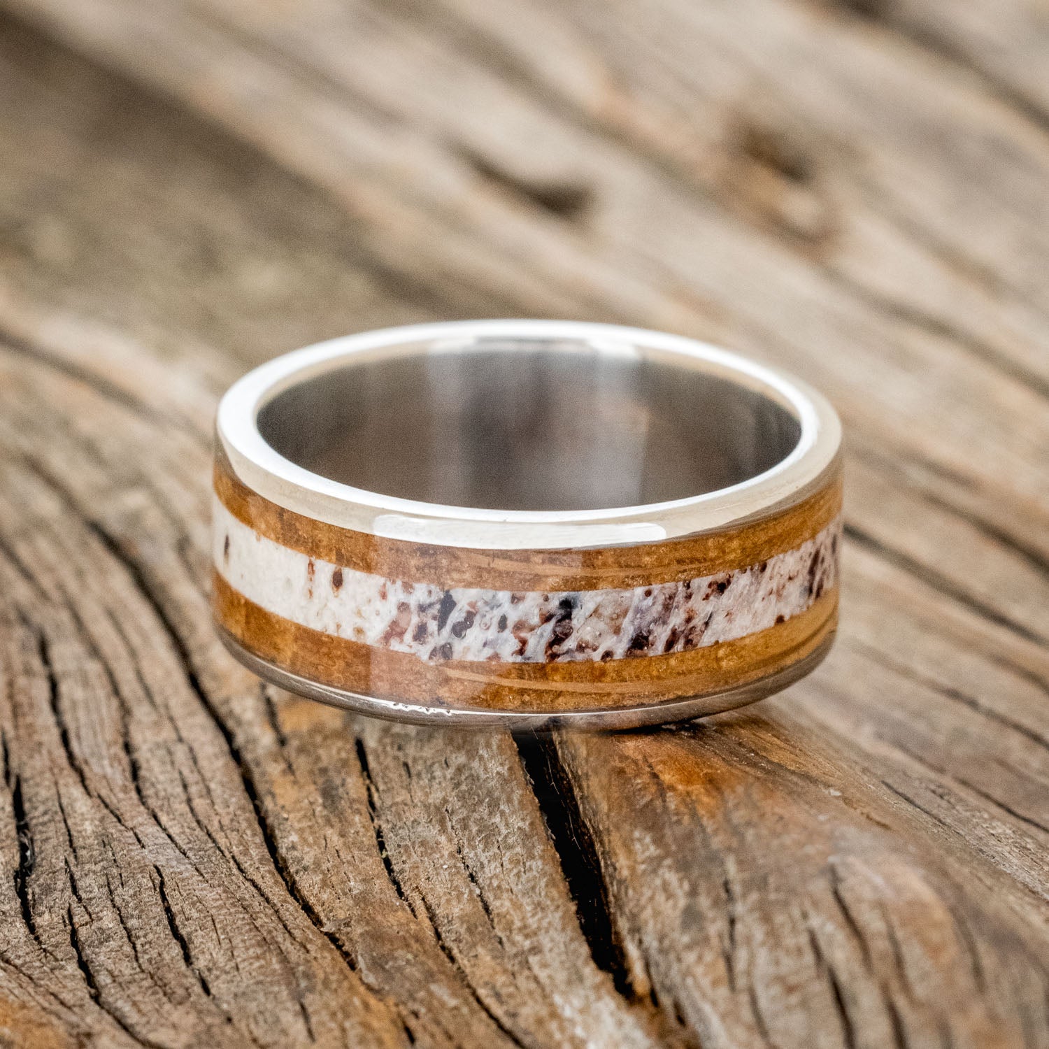 "RAINIER" - ANTLER & WHISKEY BARREL OAK WEDDING BAND - READY TO SHIP-3