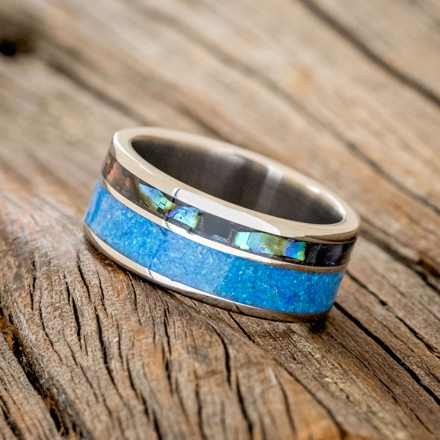 "RAPTOR" - PAUA SHELL & BLUE OPAL WEDDING BAND-2