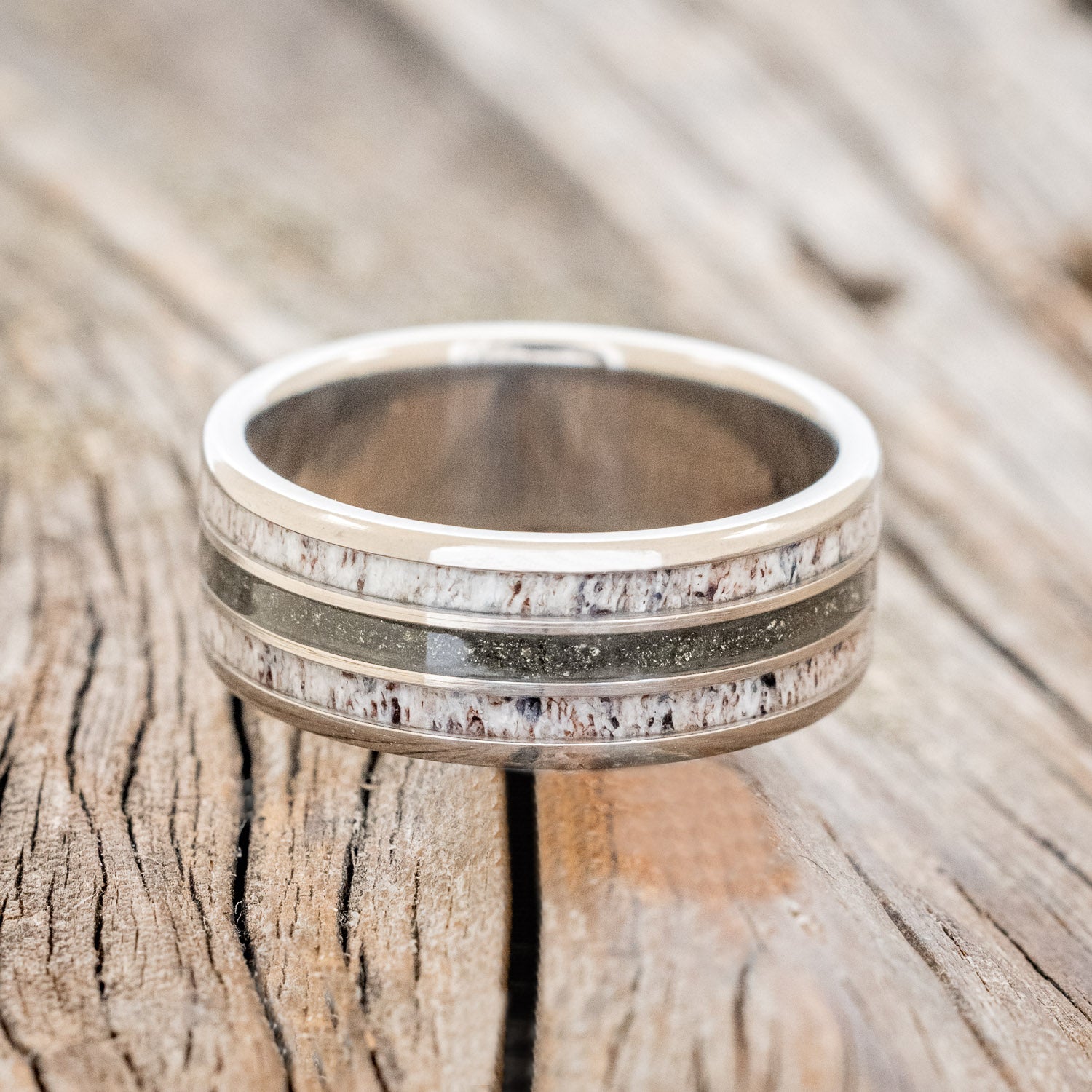 "RIO" - ANTLER & PYRITE INLAYS WEDDING BAND-3