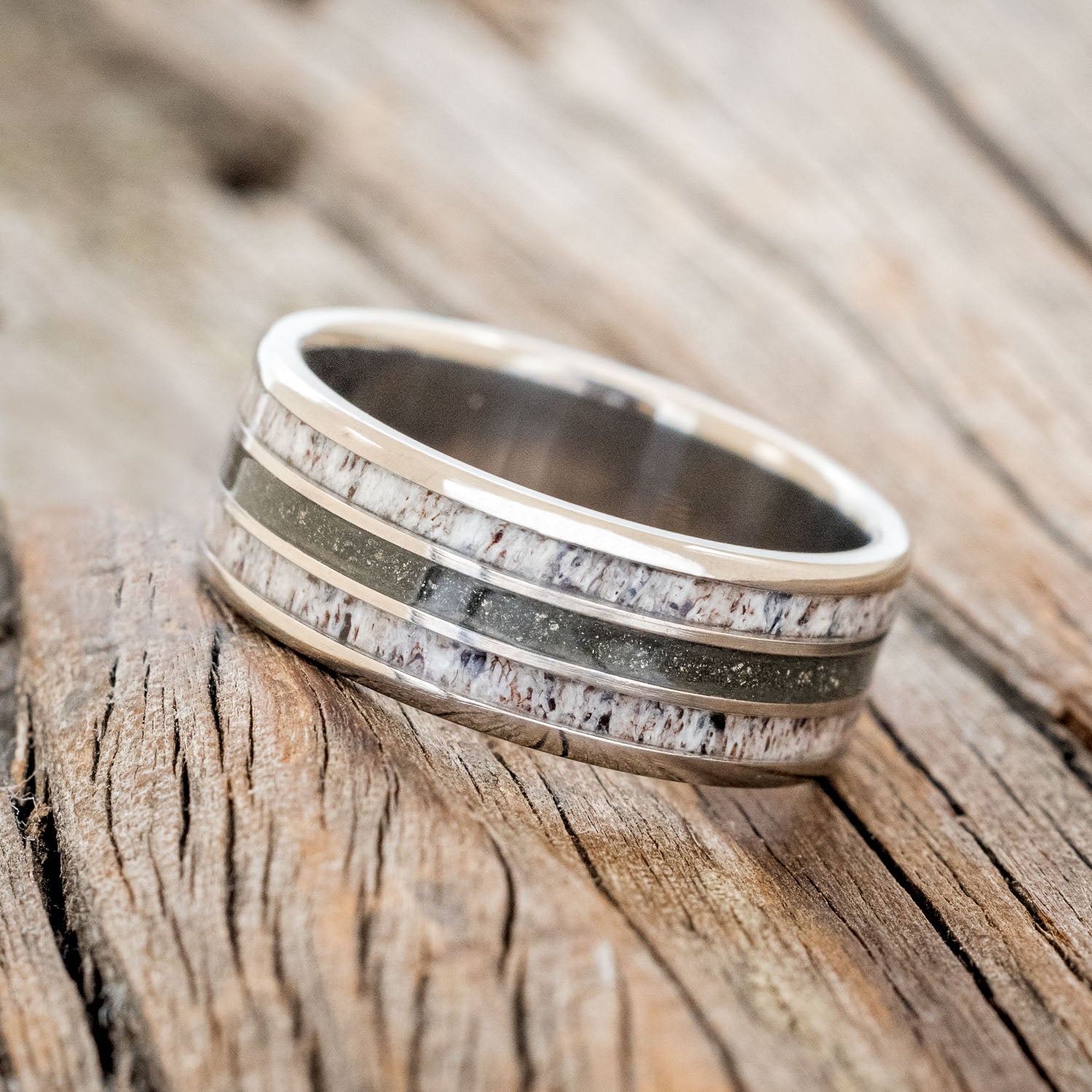 "RIO" - ANTLER & PYRITE INLAYS WEDDING BAND-2