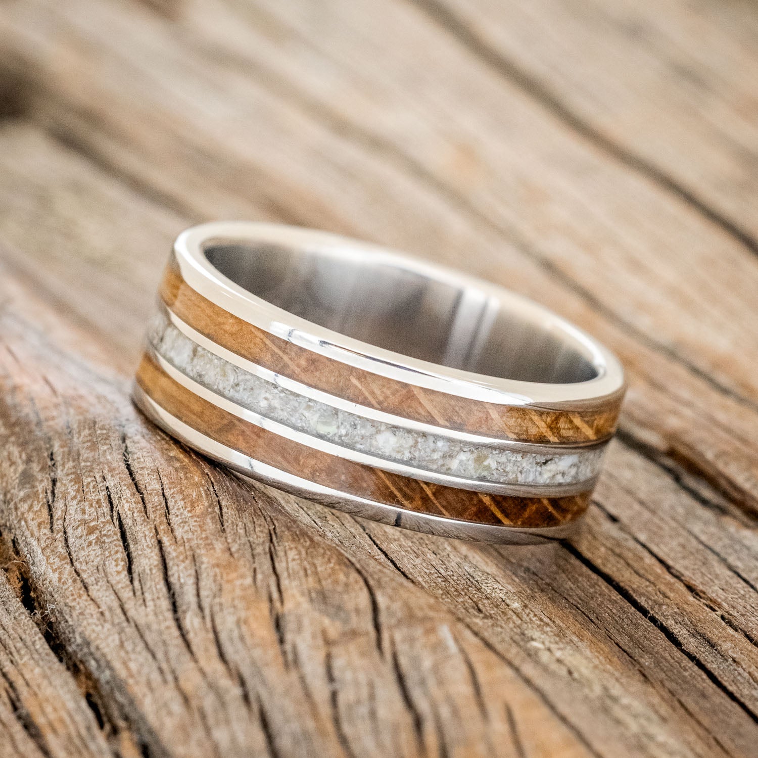 "RIO" - WHISKEY BARREL OAK & CRUSHED BLACK PEARL WEDDING RING-2