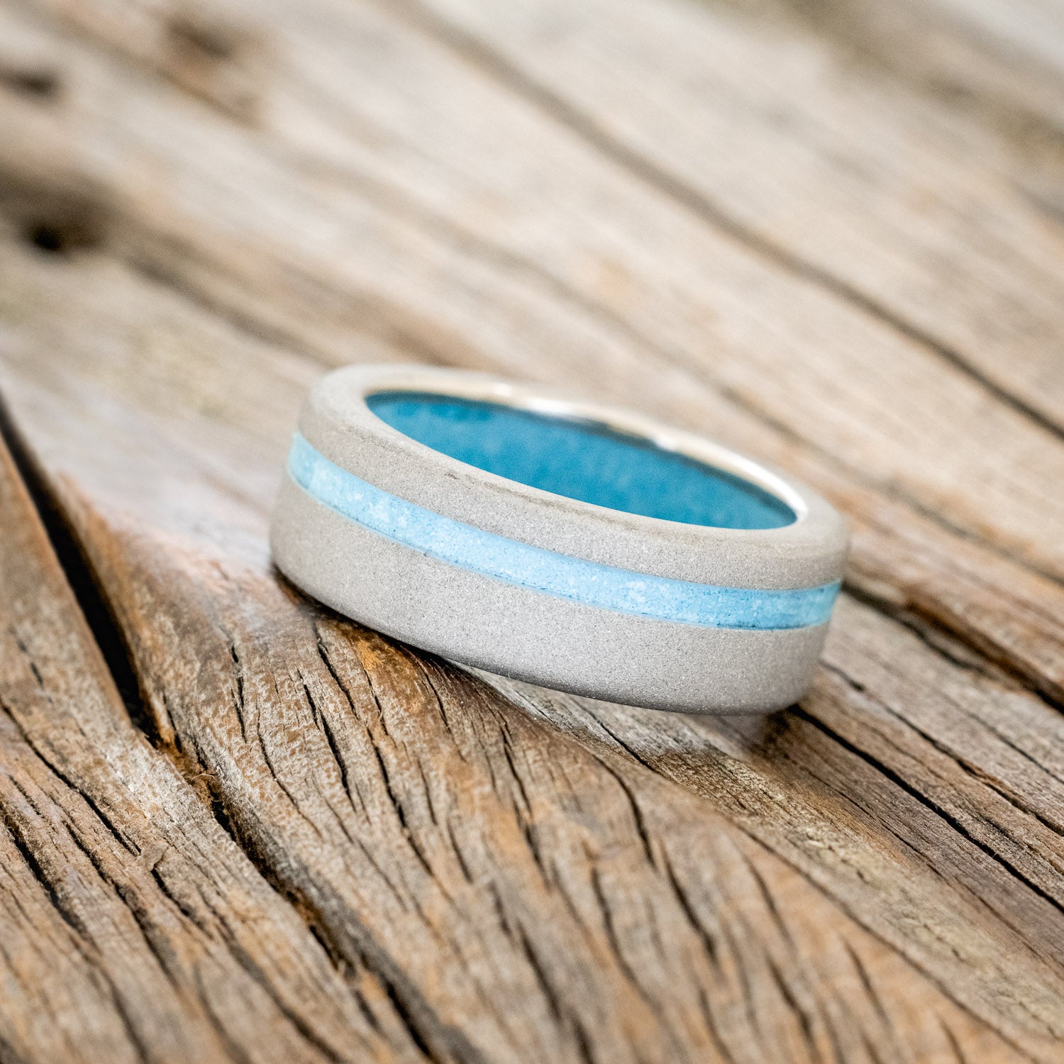 "VERTIGO" - TURQUOISE INLAY & LINING WEDDING BAND WITH A SANDBLASTED FINISH-6