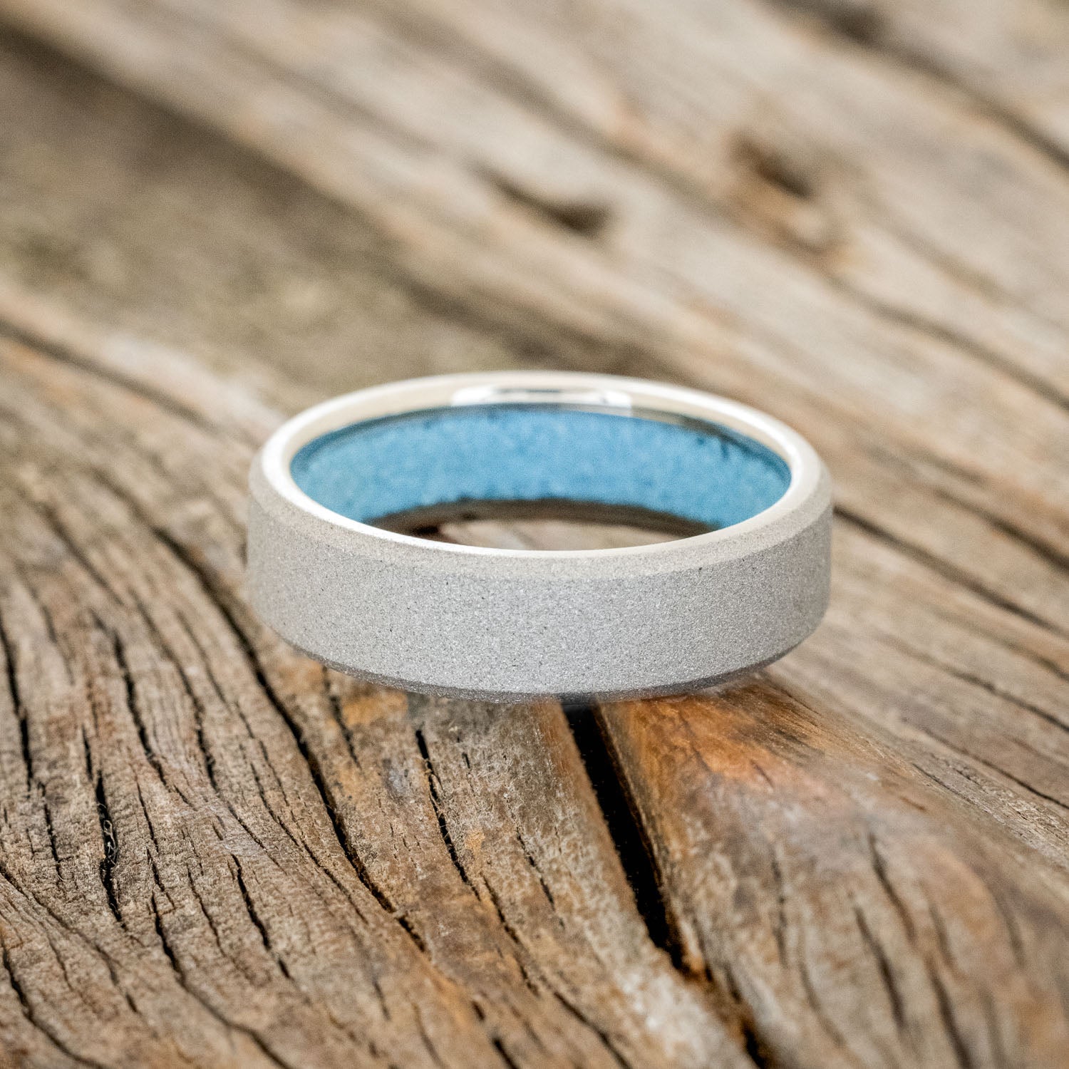 TURQUOISE LINED WEDDING BAND WITH A SANDBLASTED FINISH-3