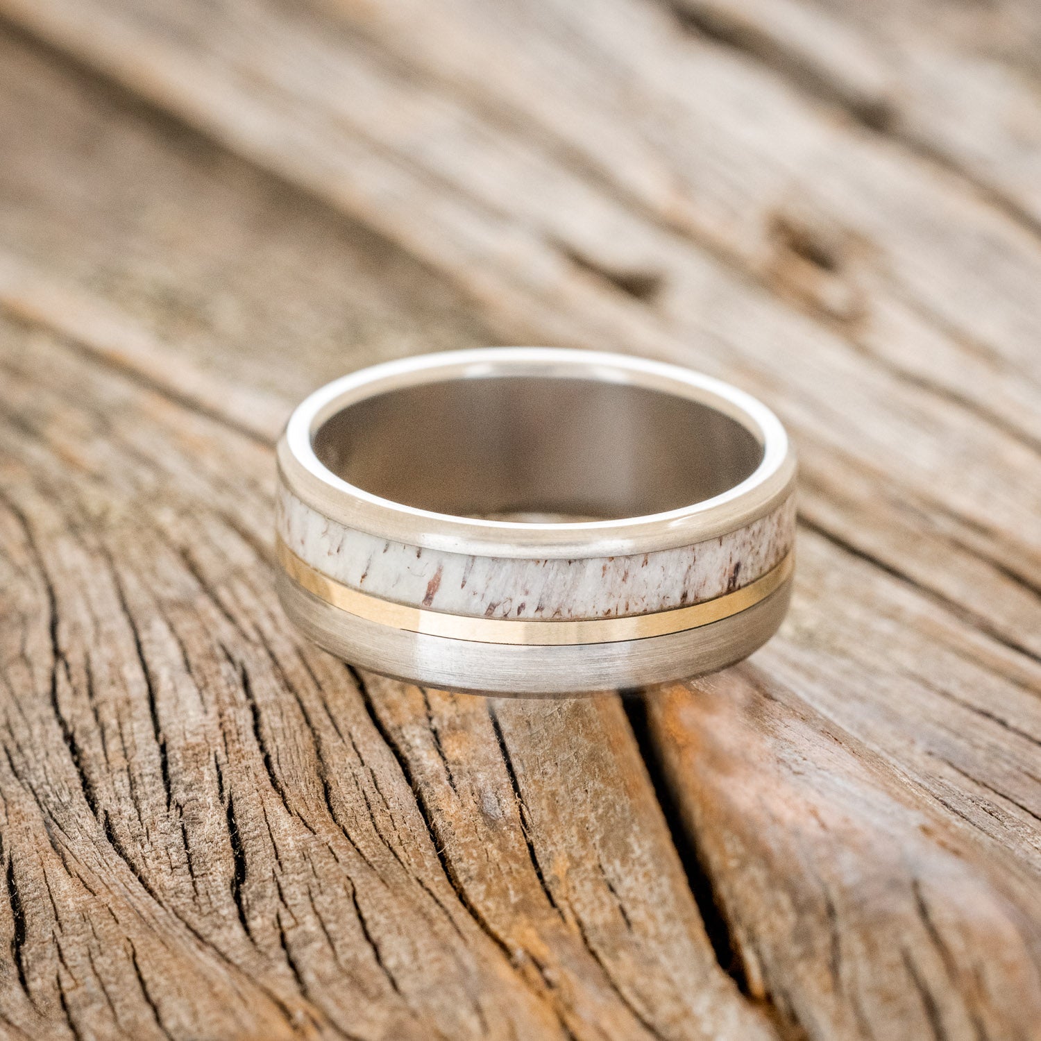 "TANNER" - ANTLER & 14K GOLD INLAY WEDDING BAND WITH A BRUSHED FINISH-3