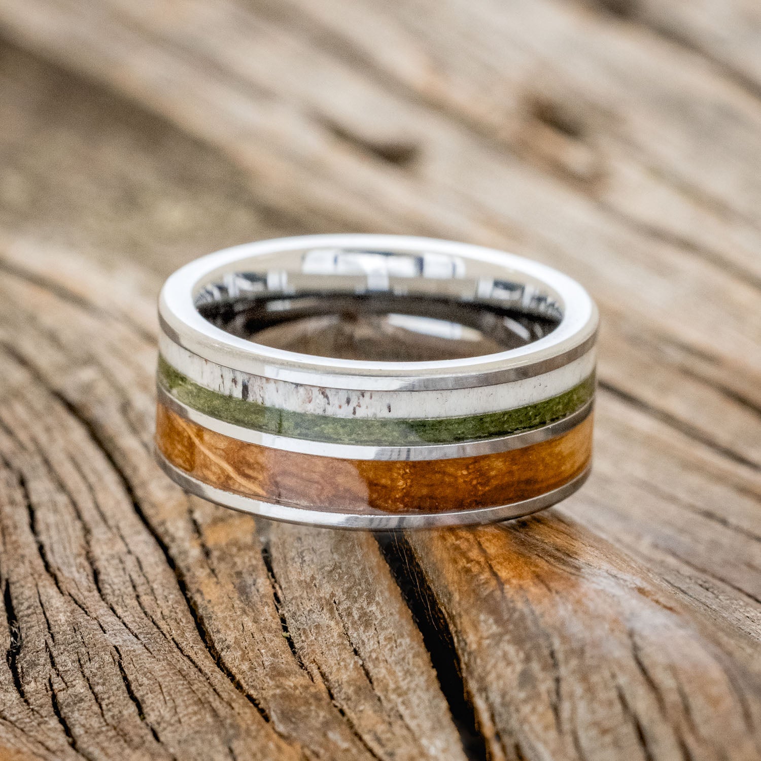 "DYAD" - MOSS, ANTLER & WHISKEY BARREL OAK WEDDING BAND-6