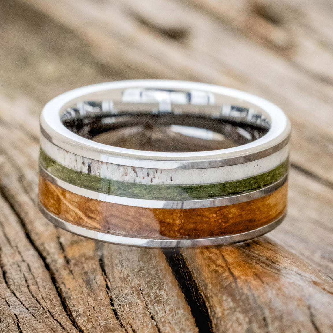 "DYAD" - MOSS, ANTLER & WHISKEY BARREL OAK WEDDING BAND-6