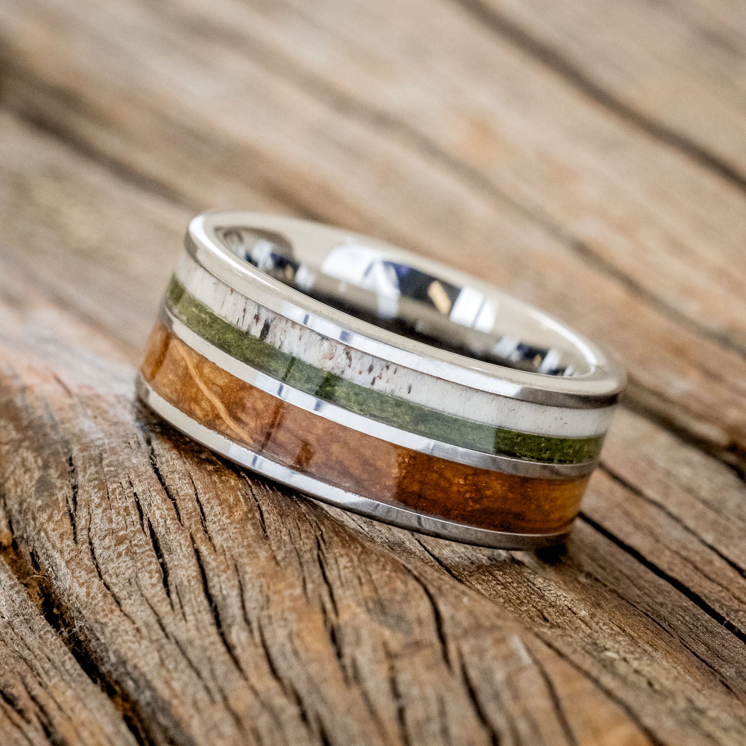 "DYAD" - MOSS, ANTLER & WHISKEY BARREL OAK WEDDING BAND-5