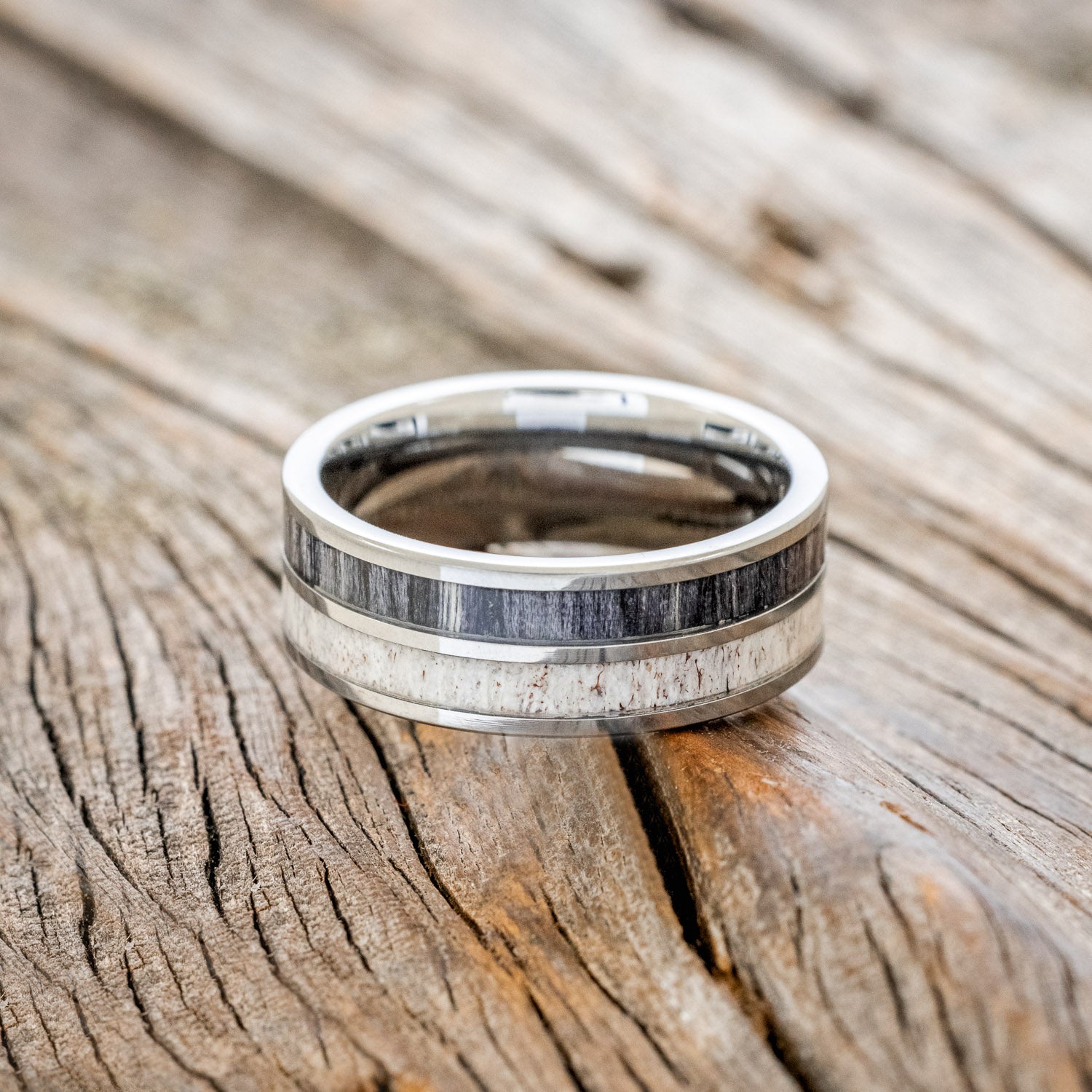 "DYAD" - GREY BIRCH WOOD & ANTLER WEDDING BAND-6