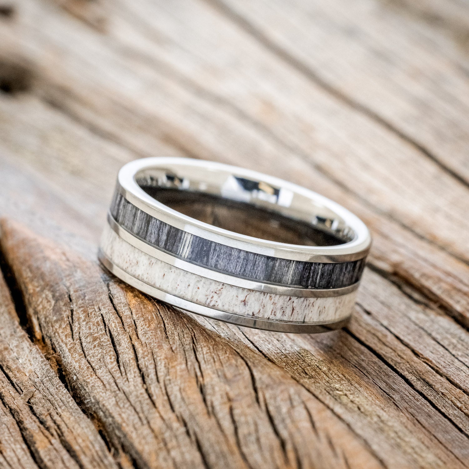 "DYAD" - GREY BIRCH WOOD & ANTLER WEDDING BAND-5