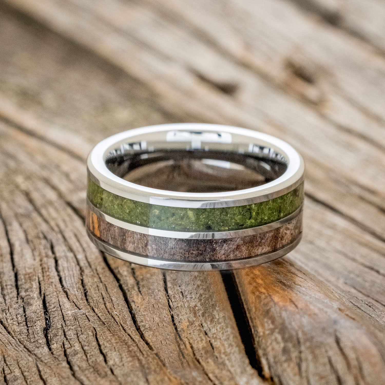 "DYAD" - MOSS & DARK MAPLE WOOD WEDDING BAND-3