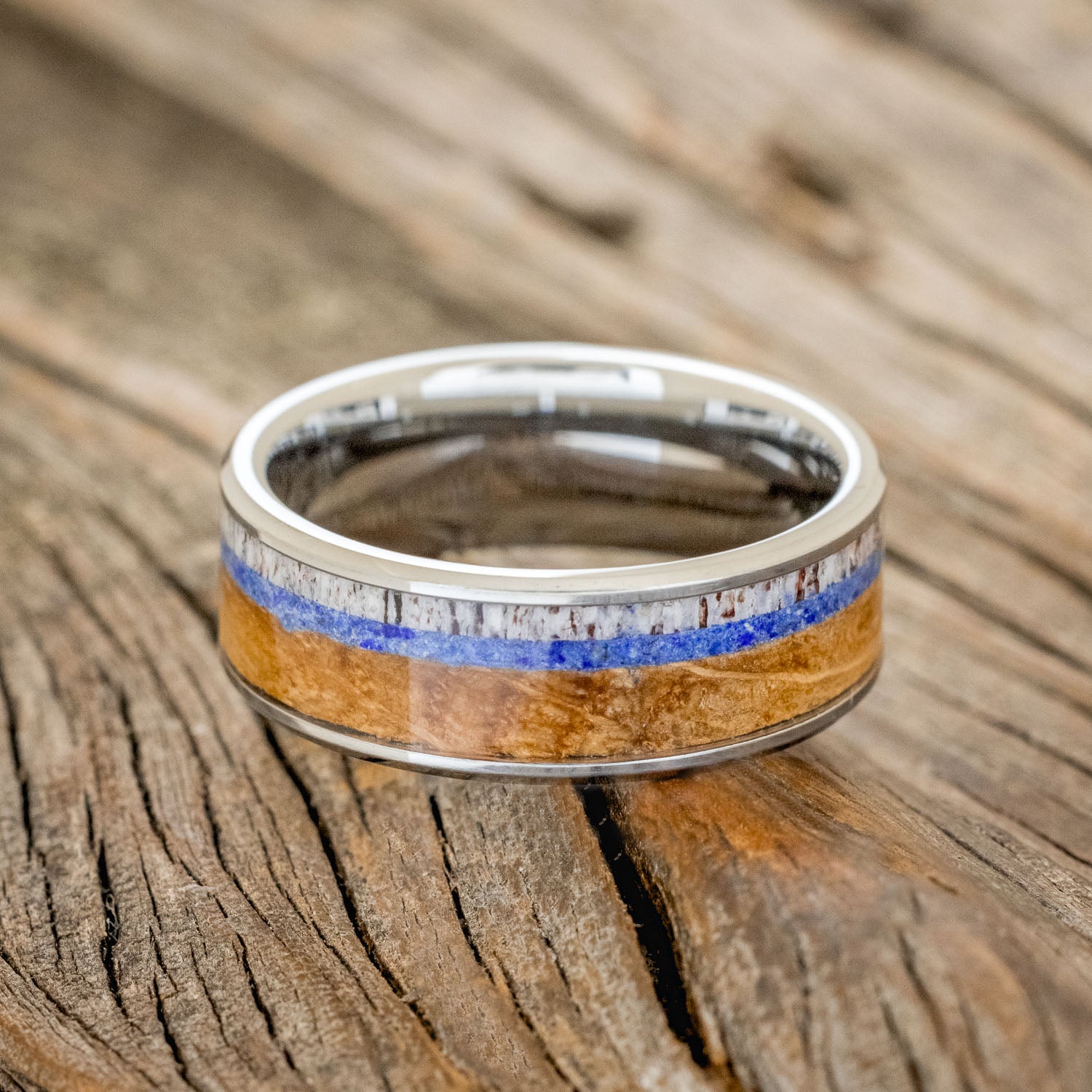 "RAINIER" - ANTLER, LAPIS LAZULI & WHISKEY BARREL OAK WEDDING BAND-3