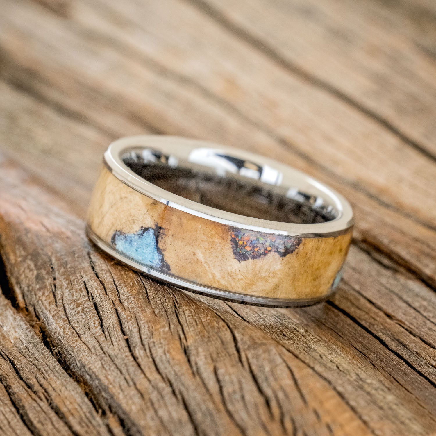 "RAINIER" - BUCKEYE BURL WOOD WITH FIRE AND ICE OPAL & TURQUOISE WEDDING BAND - READY TO SHIP-2