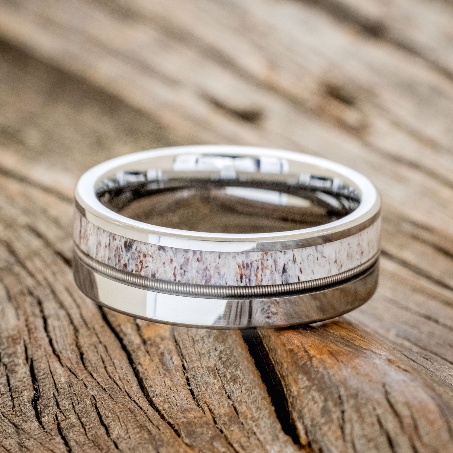 "TANNER" - GUITAR STRING & ANTLER WEDDING BAND-6