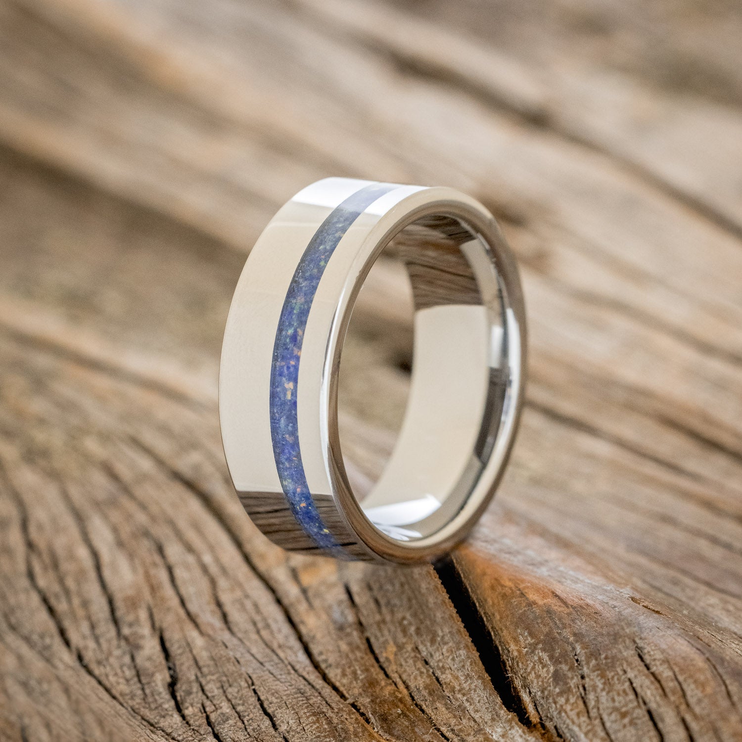 "VERTIGO" - MIXED LAPIS LAZULI & FIRE AND ICE OPAL WEDDING BAND-4
