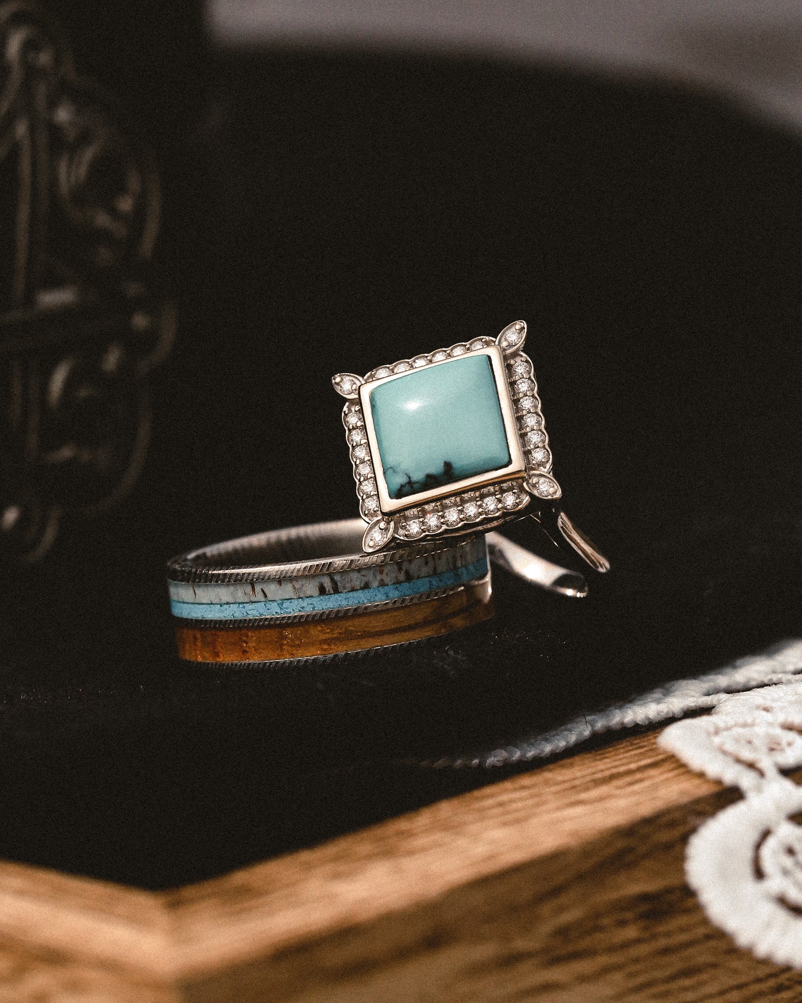 "DYAD" - WHISKEY BARREL, ANTLER, & TURQUOISE WEDDING BAND-8