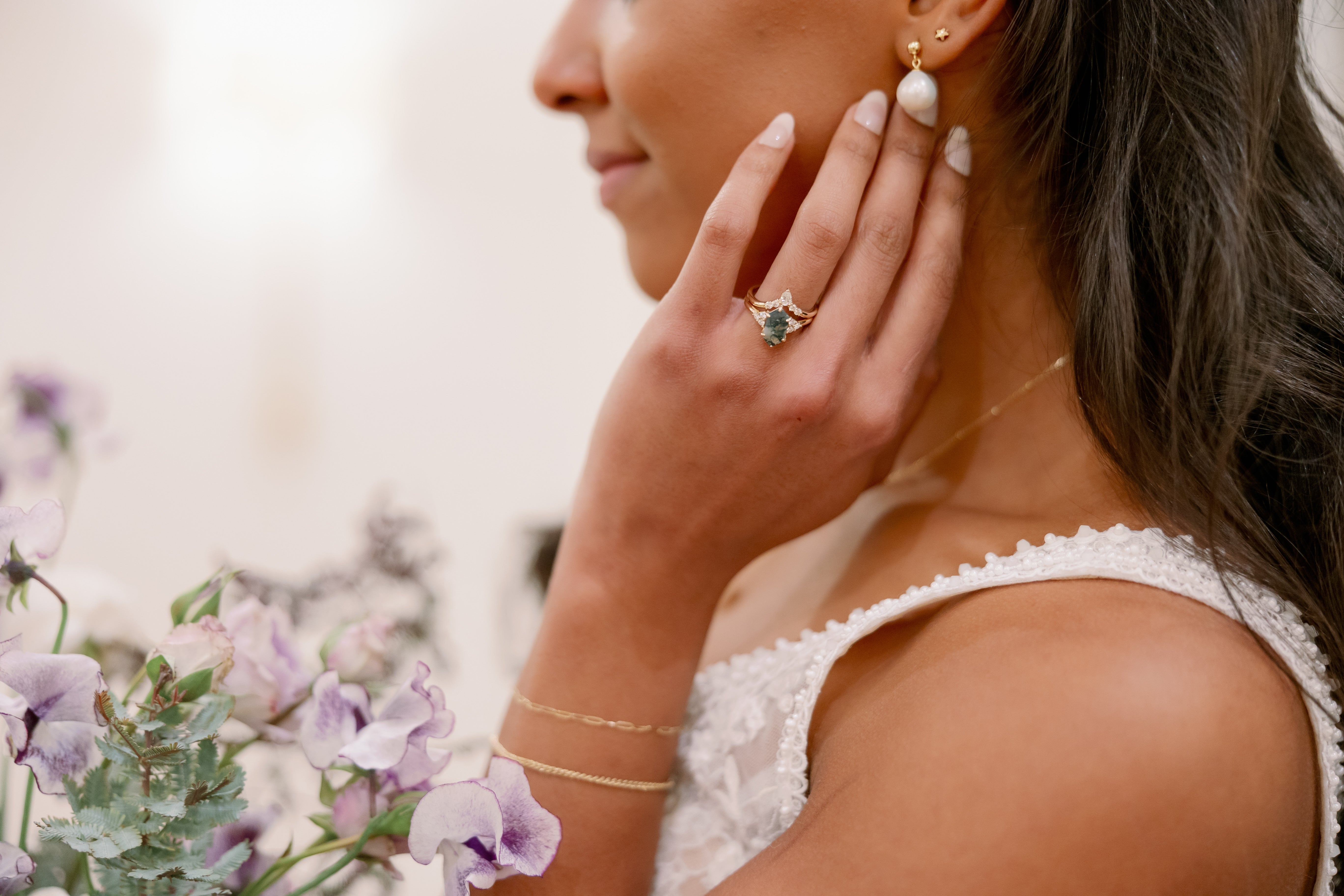 "OCTAVIA" - ELONGATED HEXAGON MOSS AGATE ENGAGEMENT RING WITH DIAMOND ACCENTS - EXPEDITED-15