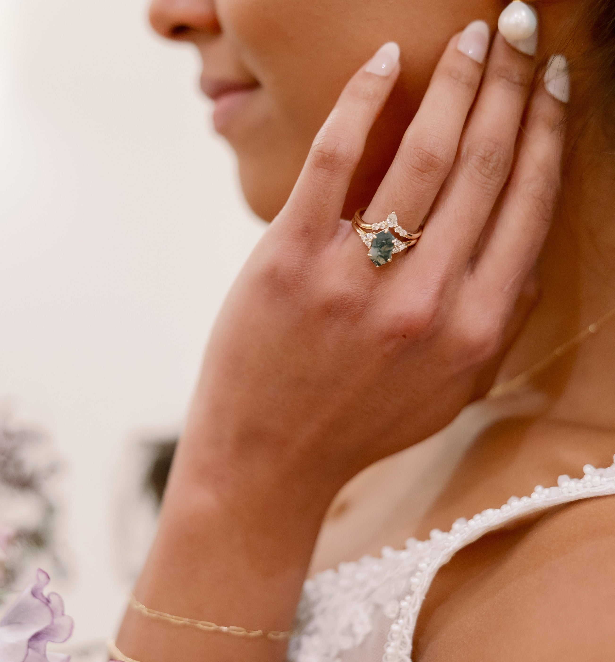 "OCTAVIA" - ELONGATED HEXAGON MOSS AGATE ENGAGEMENT RING WITH DIAMOND ACCENTS - EXPEDITED-15