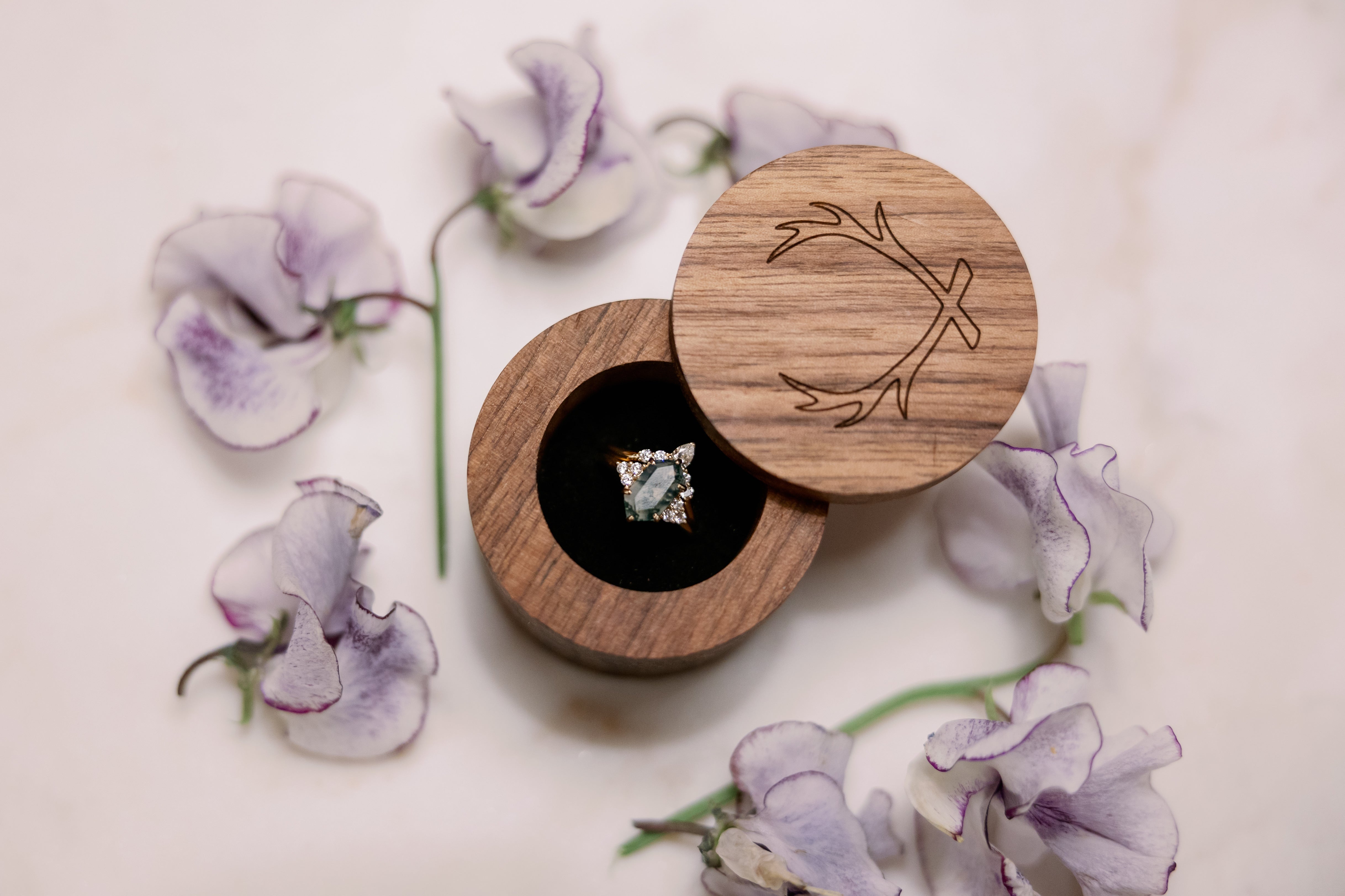 "OCTAVIA" - ELONGATED HEXAGON MOSS AGATE ENGAGEMENT RING WITH DIAMOND ACCENTS - EXPEDITED-13