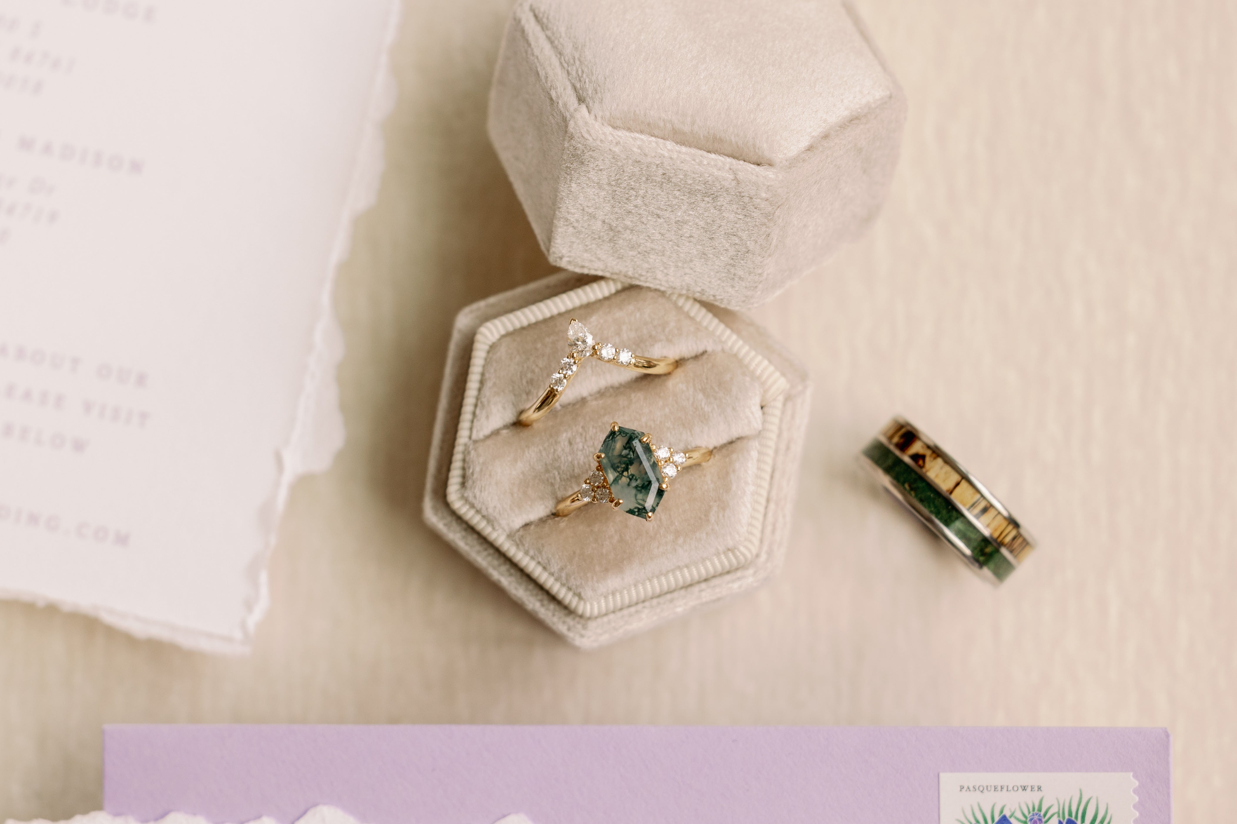 "OCTAVIA" - ELONGATED HEXAGON MOSS AGATE ENGAGEMENT RING WITH DIAMOND ACCENTS - EXPEDITED-11