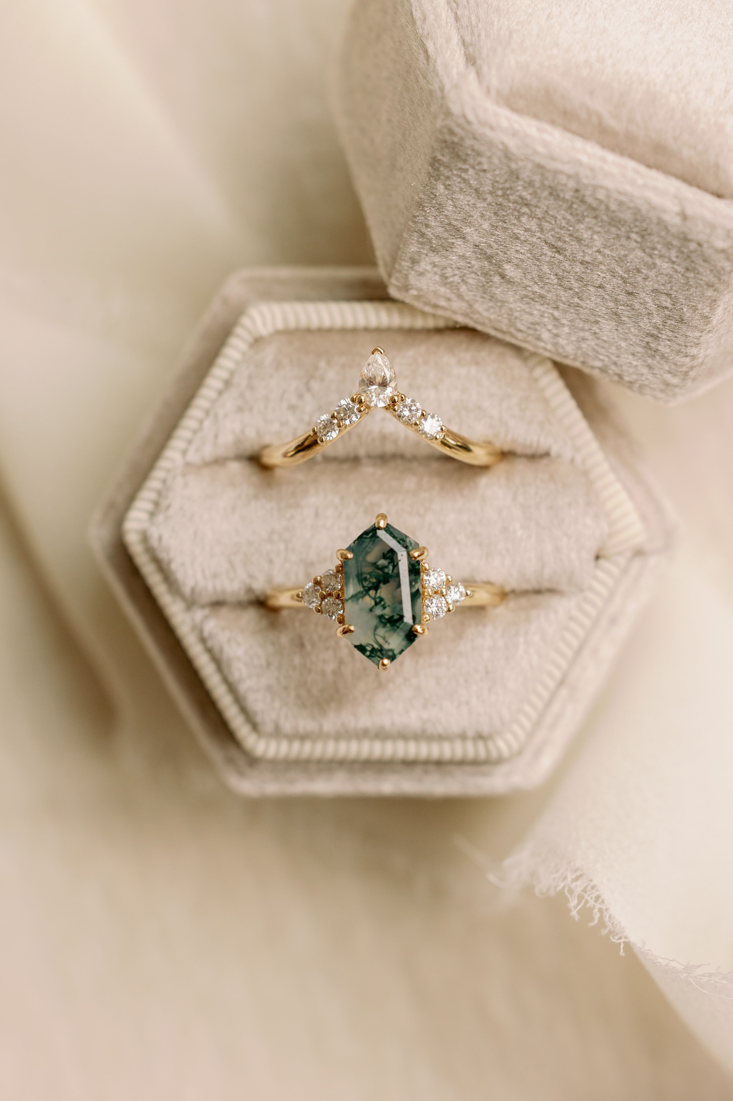 "OCTAVIA" - ELONGATED HEXAGON MOSS AGATE ENGAGEMENT RING WITH DIAMOND ACCENTS - EXPEDITED-12