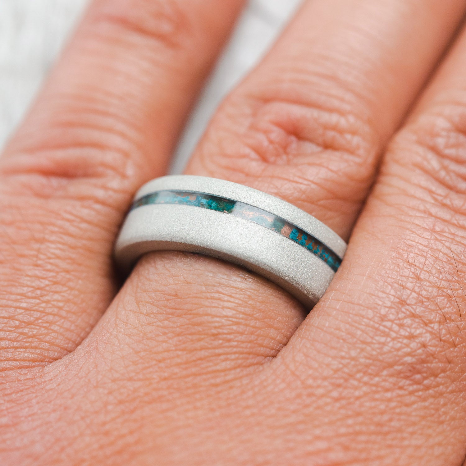 "VERTIGO" - PATINA COPPER INLAY WEDDING RING FEATURING A TURQUOISE LINING & SANDBLASTED FINISH-23