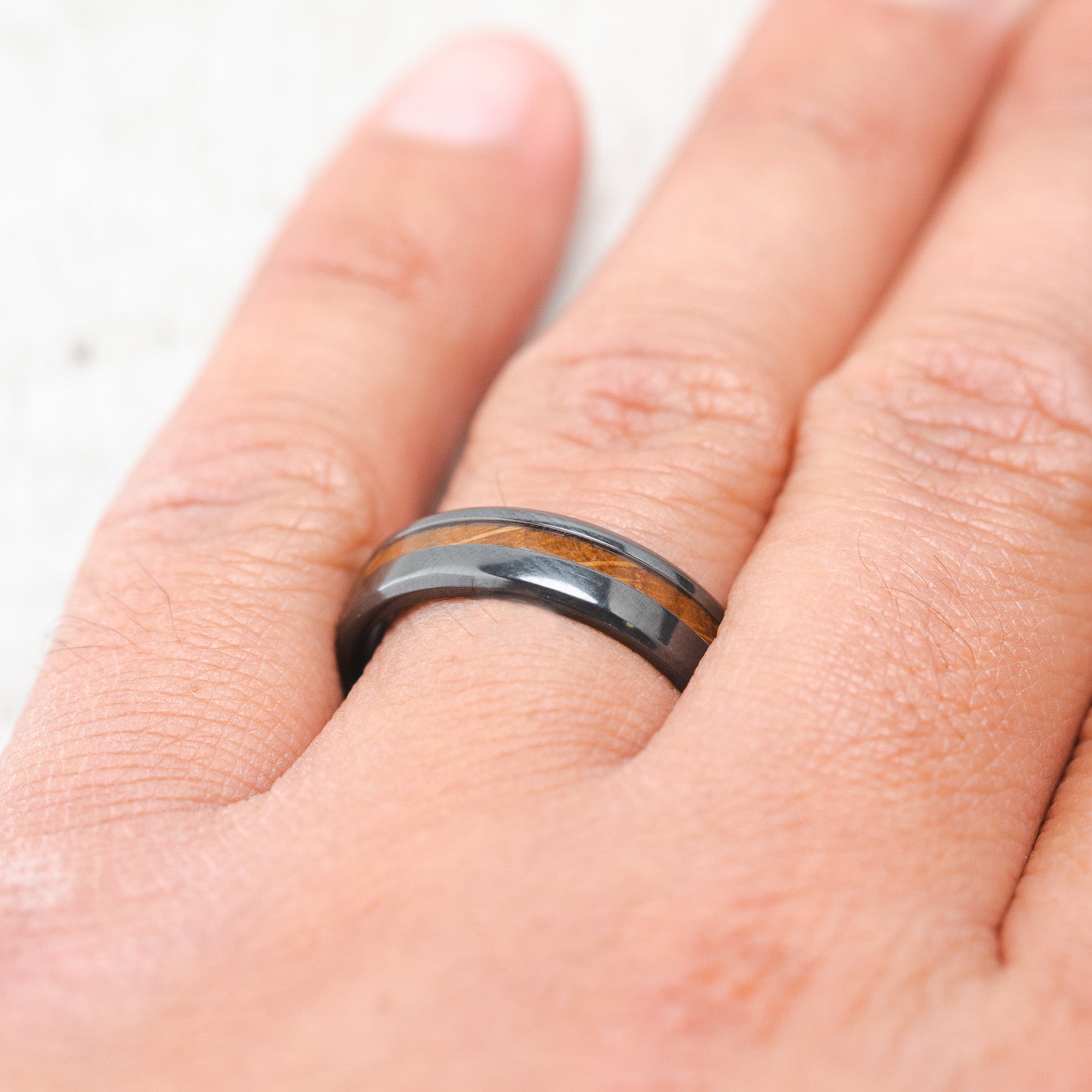 "VERTIGO" - OFFSET WHISKEY BARREL OAK WEDDING BAND-20