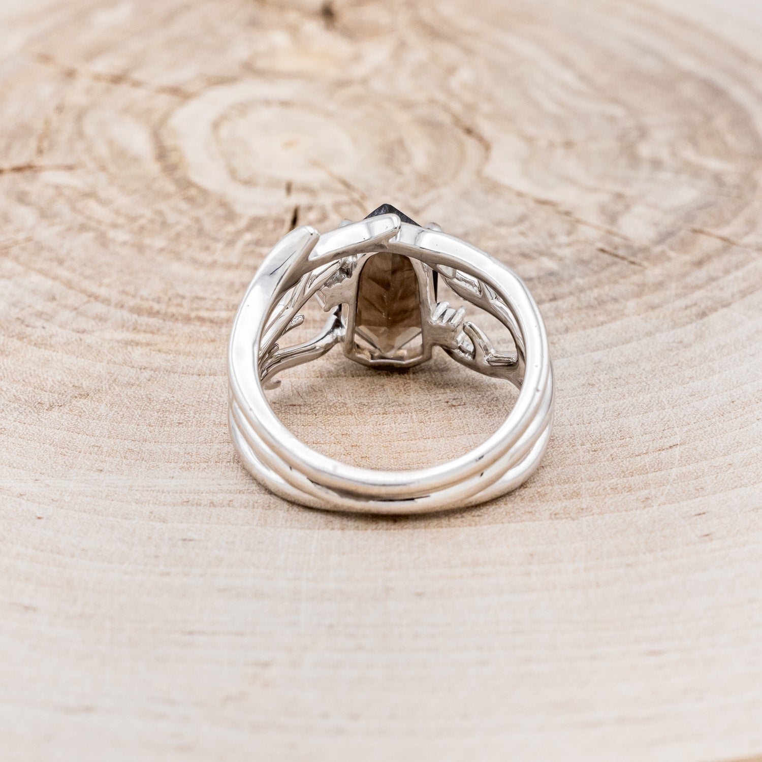 "ARTEMIS" - ELONGATED HEXAGON SMOKY QUARTZ ENGAGEMENT RING WITH DIAMOND ACCENTS & ANTLER STYLE STACKER-5
