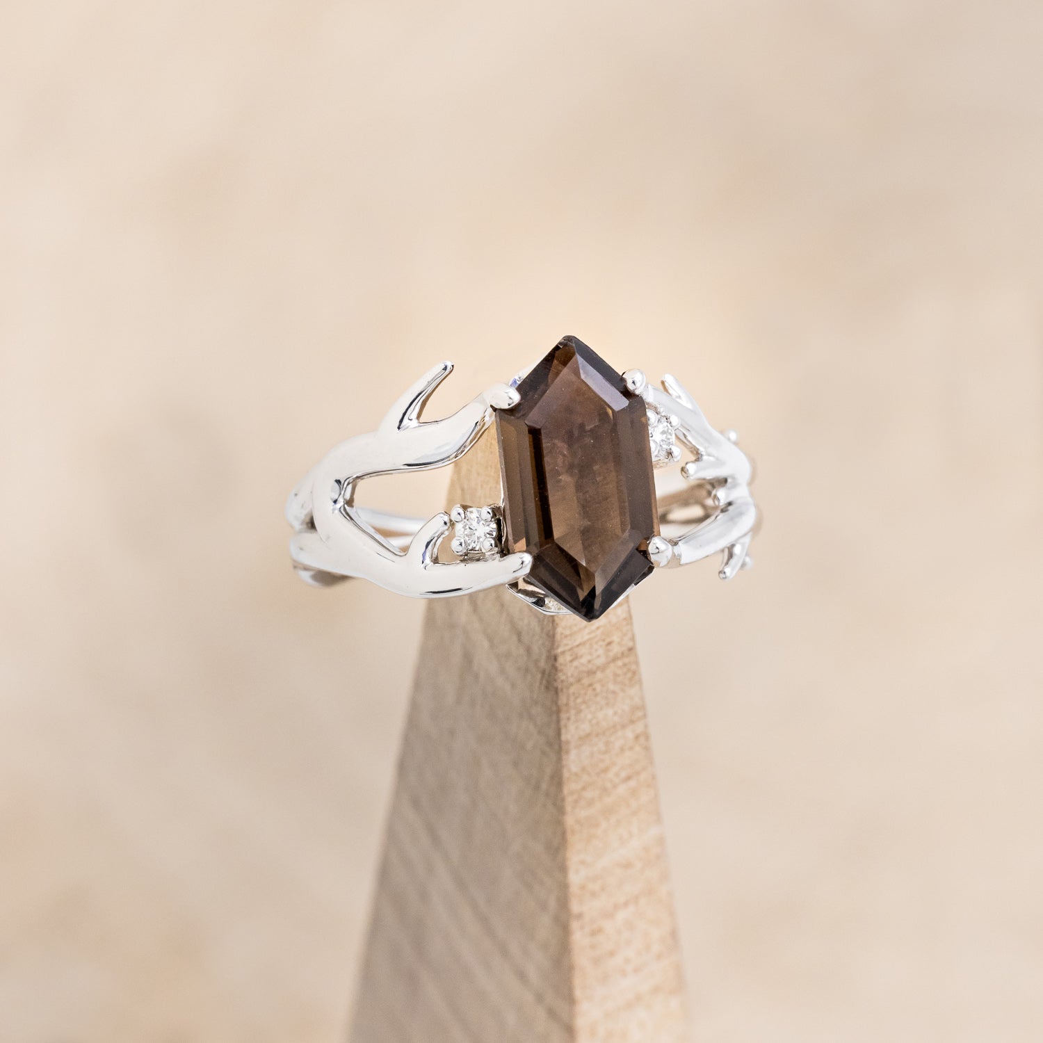 "ARTEMIS" - ELONGATED HEXAGON SMOKY QUARTZ ENGAGEMENT RING WITH DIAMOND ACCENTS & ANTLER STYLE STACKER-7