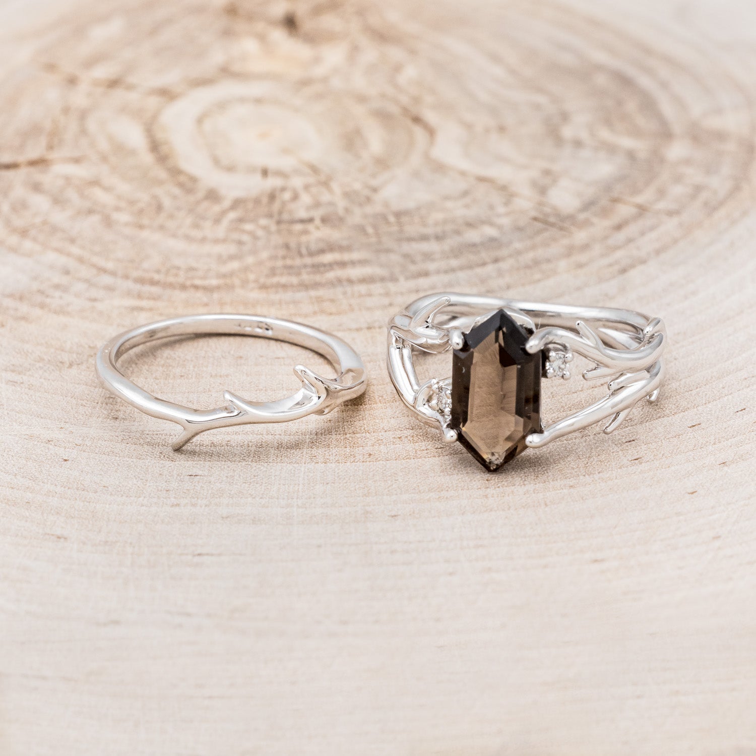 "ARTEMIS" - ELONGATED HEXAGON SMOKY QUARTZ ENGAGEMENT RING WITH DIAMOND ACCENTS & ANTLER STYLE STACKER-6